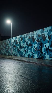 Fotograma: un muro de camuflaje azul de noche